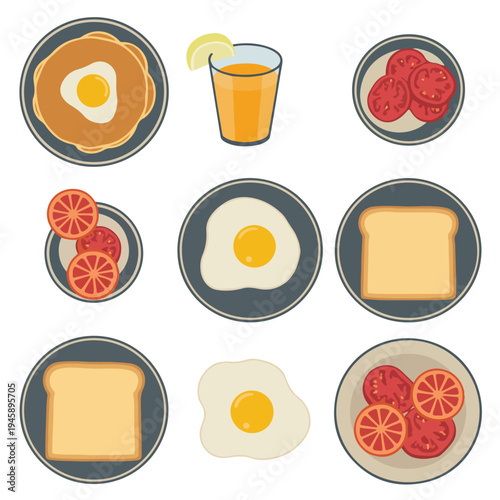 A vector graphic illustration of a breakfast meal set with eggs, toast, and tomatoes