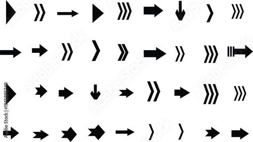 An organized grid of black arrow symbols in various styles pointing to different directions on white