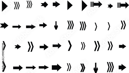 Assortment of black navigation arrows and directional indicators on a simple white background