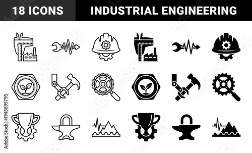 Hybrid industrial engineering icons merging factory calipers with wrench pulse waves and gear hard hats in linear and solid silhouettes
