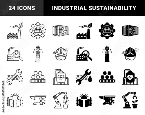 Hybrid industrial manufacturing and green energy icons featuring solar gear factory leaves power plug chimney and robotic arm plant growth symbols