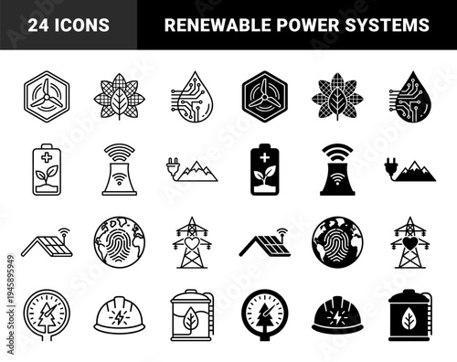 Sustainable Energy and Green Technology Hybrid Symbols Featuring Wind Turbines Solar Leaves Electric Water Drops and Eco Battery Infrastructure