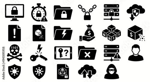 Solid black icons for ransomware attacks and digital extortion. Locked screens, corrupted files, and ransom payment symbols collection. Vector illustration for cybersecurity apps, hacking strategy gam