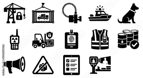 Solid black icons for port security and customs inspection. Cargo cranes, security seals, and patrol boats collection. Vector illustration for logistics management apps, maritime safety blogs, and tac