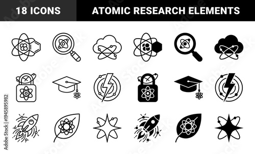 Scientific atom symbol hybrid icons featuring molecule structures magnifying glass cloud storage security padlock graduation cap lightning bolt rocket ship and organic leaf