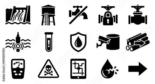 Solid black icons for water infrastructure security and quality monitoring. Dams, reservoirs, and contamination sensors collection. Vector illustration for utility management apps, environmental safet