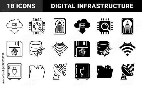 Hybrid technology and digital infrastructure symbols featuring cloud server integration biometric data security and genetic database storage concepts