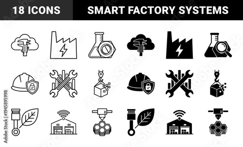 Industrial Manufacturing and Smart Engineering Icons Featuring Hybrid Symbols of Mechanical Tools Power Plants and Sustainable Production Systems