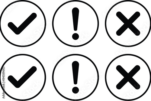 Check Mark Icon Set, Cross X Mark and Exclamation Warning Symbols, Approve Reject and Alert Signs, Right Wrong Notification Icons for User Interface, Web and Mobile Design