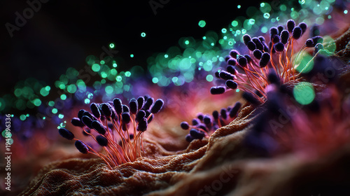 shiga toxin producing escherichia coli attached to intestinal villi in macro 3d microscopic illustration