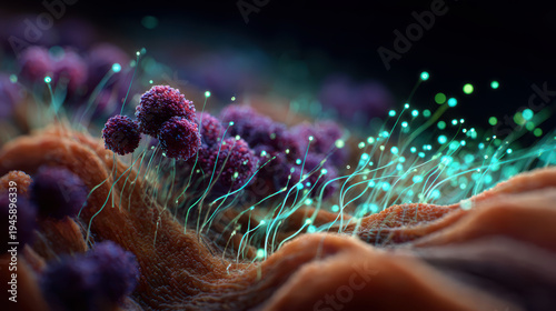 shiga toxin producing escherichia coli attached to intestinal villi in macro 3d microscopic illustration