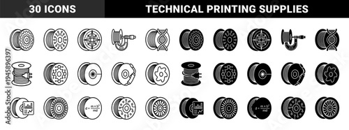 Industrial filament spool collection featuring hybrid conceptual symbols for additive manufacturing 3D printing and engineering technology