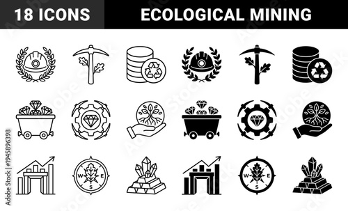 Sustainable Mining and Natural Resource Management Hybrid Icons Featuring Mining Helmets with Laurel Wreaths and Pickaxes Merged with Oak Leaves