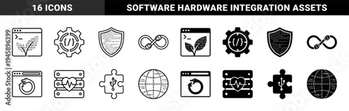 Hybrid Cybersecurity and DevOps Interface Symbols Combining Code Terminal with Organic Leaves Shield Programming Data and Hardware Connectivity Elements