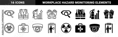 Industrial Safety and Compliance Management Icons Featuring Hybrid Combinations of PPE Gear Emergency Equipment and Hazard Monitoring Symbols