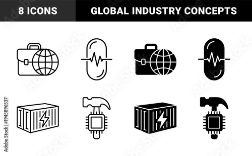 Hybrid conceptual symbols merging global business briefcases with world globes medical pulse capsules power storage containers and electronic microchip hammers