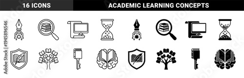Hybrid education and knowledge icons featuring book brain mergers tree of learning quill shield and magnifying glass in outline and solid styles