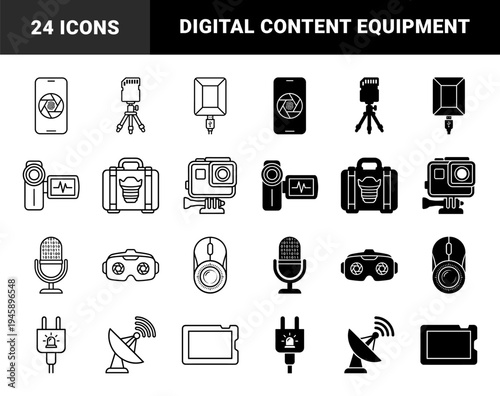 Hybrid media technology icons featuring creative mergers of camera lenses with smartphones tripods microphones and virtual reality goggles