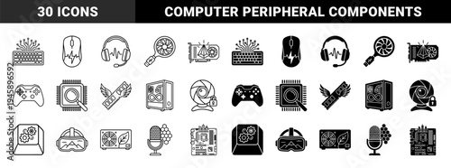 Hybrid gaming and computer hardware icons featuring dual outline and solid styles with creative concept merges like winged ram and circuit keyboards