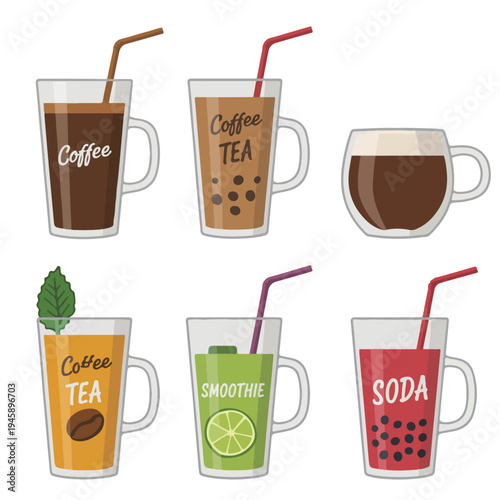A colorful vector illustration of six different drinks in clear glasses with straws on a white background