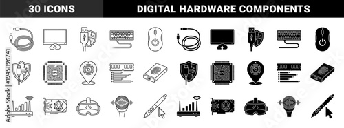 Computer Hardware Hybrid Symbols Merging Desktop Components with Security Shields Cloud Data and Network Signal Elements in Dual Outline and Solid Style