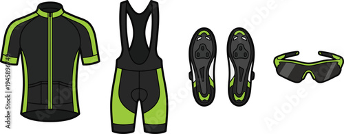 Cyclist's gear laid out including shirt, shorts, shoes, and glasses on white