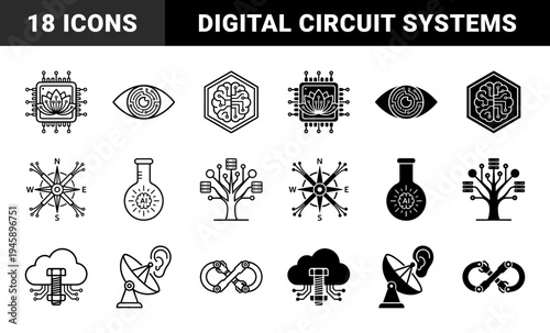 Artificial Intelligence Hybrid Symbols Integrating Lotus Microchips Digital Circuit Eyes Brain Hexagons and Server Tree Data Networks