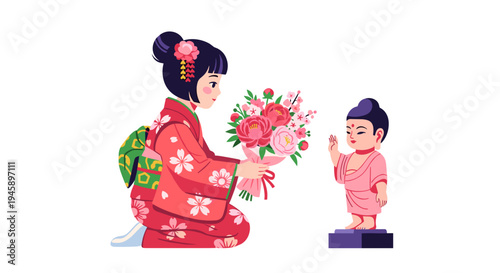 Japanese girl in kimono offering flowers to baby buddha statue for hanamatsuri buddha’s birthday celebration, vesak buddhist flower festival vector illustration