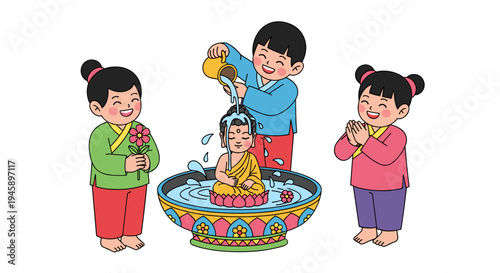 Children performing buddha bathing ceremony for vesak day with baby buddha statue in lotus basin, hanamido buddhist festival ritual vector illustration