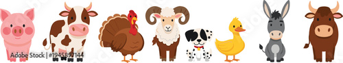 Cute Cartoon Farm Animals Set with Pig, Cow, Turkey, Dog, Duck, Donkey, and More