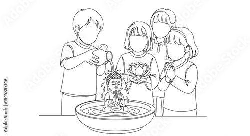 Vesak buddha bathing ceremony with children pouring water over baby buddha statue and offering lotus flower, hanamido buddhist festival ritual line art vector illustration