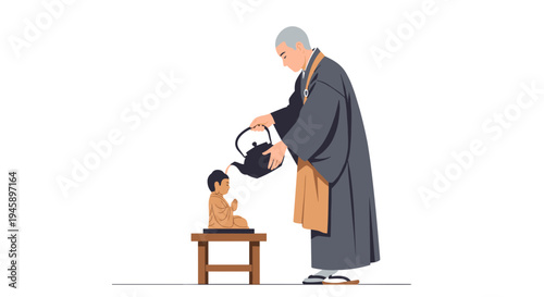 Buddha bathing ceremony for vesak day with buddhist monk pouring water over baby buddha statue, hanamido flower festival ritual for buddha’s birthday vector illustration