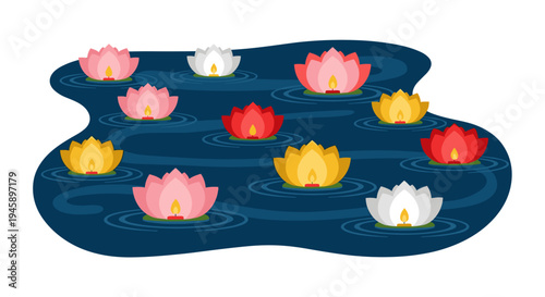 Buddha’s birthday lotus candle lantern festival vector illustration with floating lotus flowers and light candles on water, vesak day spiritual celebration background