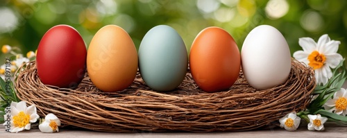 Colorful Easter eggs lined up in a bird's nest with spring flowers on a green meadow