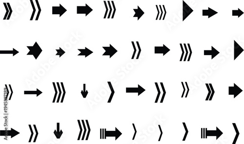 Multiple black arrow shapes and indicators arranged in an organized grid on a bright white surface