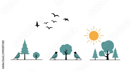 Birds flying near trees and a bright sun striking silhouette