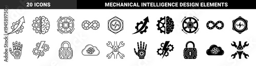 Hybrid industrial and biological icons merging mechanical gears with human brain anatomy microchips and lightning bolts for artificial intelligence