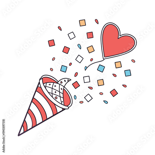 Vector illustration of party popper with heart balloon and confetti