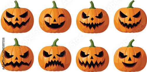 Halloween pumpkin jack o lantern faces collection spooky carved pumpkins flat vector illustration set isolated