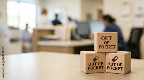 Healthcare cost medical bill insurance payment hospital clinic patient out of pocket finance medicine healthcare cost concern hospital clinic office, wooden cube with out of pocket text focus