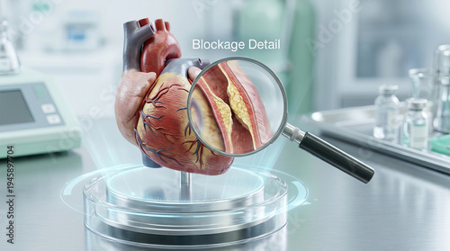 3d heart model coronary artery disease artery blockage medical magnifier cardiac anatomy healthcare concept hospital lab medical diagnosis 3d heart model coronary artery disease artery blockage