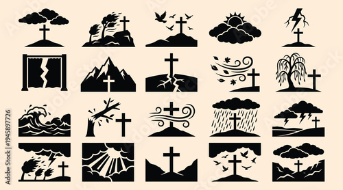 Collection of black silhouettes of crosses on various landscapes and weather conditions  symbols of faith and spirituality in different environments