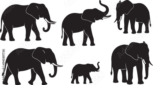Minimalist vector illustration of wild elephant family and herd for safari concept