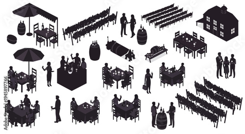 Outdoor dining setup with tables chairs and figures in dark silhouette