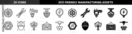 Sustainable industrial manufacturing and green technology hybrid icons featuring eco friendly mechanical gears and circuit board tool symbols