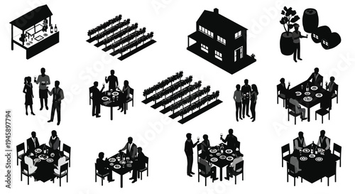 Isometric vineyard scene with dining and winemaking elements black silhouette