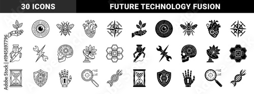 Hybrid Cybernetic Icon Set Featuring Bio-Digital Mergers such as Robotic Hands with Sprouts Mechanical Hearts and Circuitry Infused Organic Elements