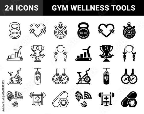 Hybrid fitness and health icon set featuring conceptual merges of gym equipment with medical and wellness symbols in outline and solid styles