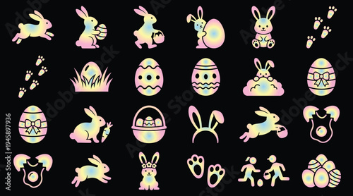 Easter icons set with rabbits eggs and footprints in pastel colors on solid background