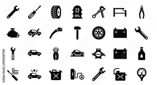 Collection of automotive tools and vehicle parts in black silhouette